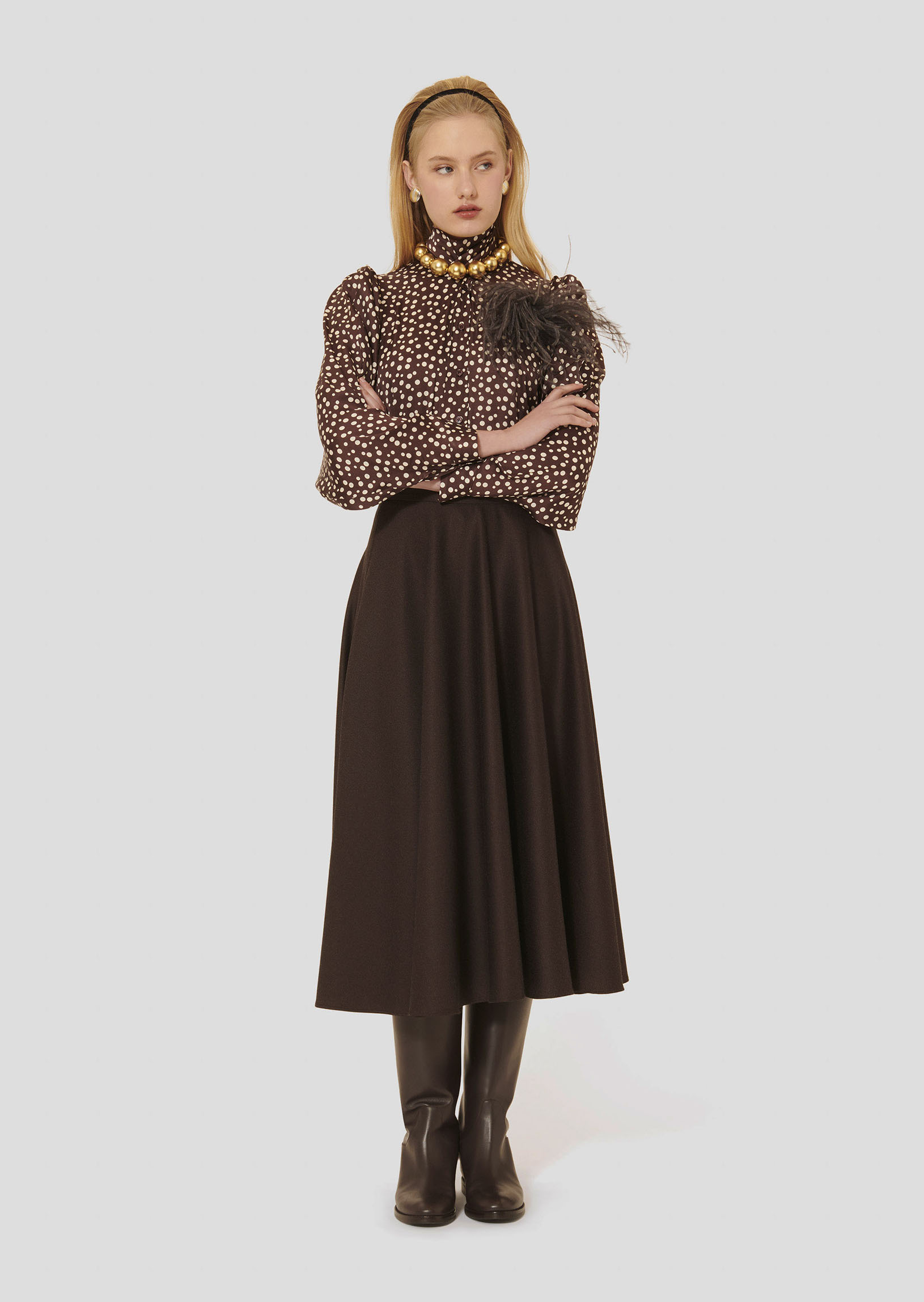 Jupe Midi Tara Jarmon Rayée Chevron Marron Chiné - Taille 38 Occasion Très Bon état