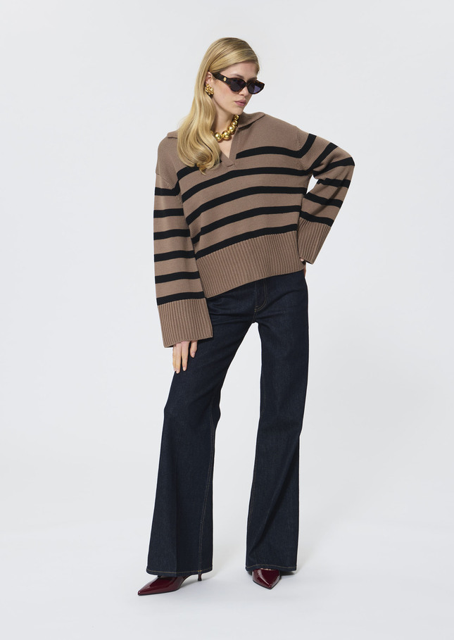 Paola sweater beige with black stripes in wool Taupe color TARA JARMON CH