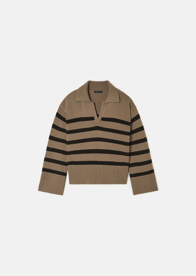 Paola sweater beige with black stripes in wool Taupe color TARA JARMON CH