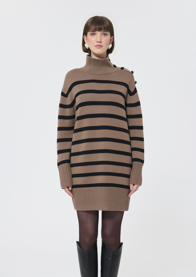 Roccio sweater dress beige with black stripes in wool Taupe color TARA JARMON CH