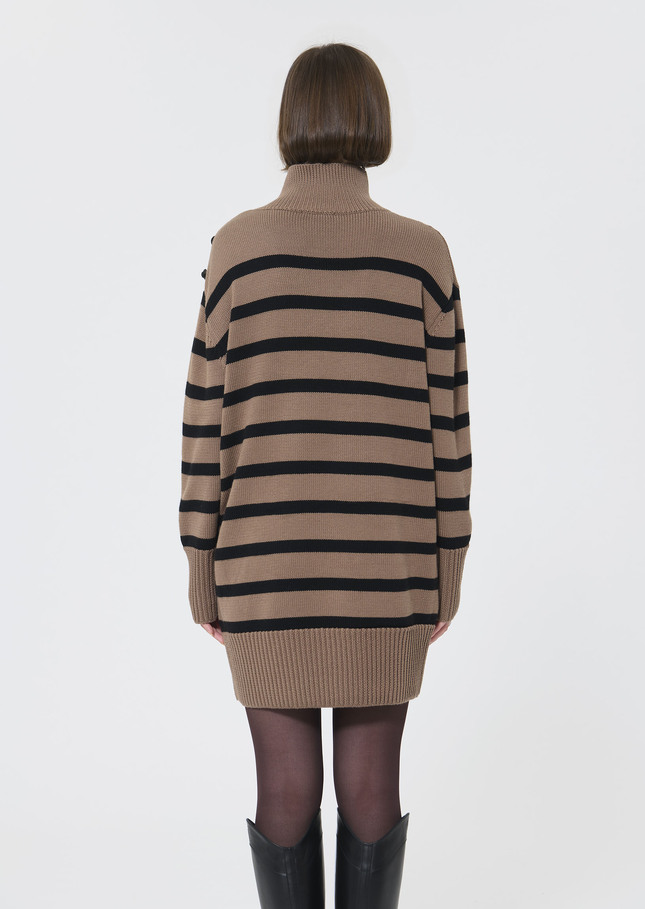 Roccio sweater dress beige with black stripes in wool Taupe color TARA JARMON CH