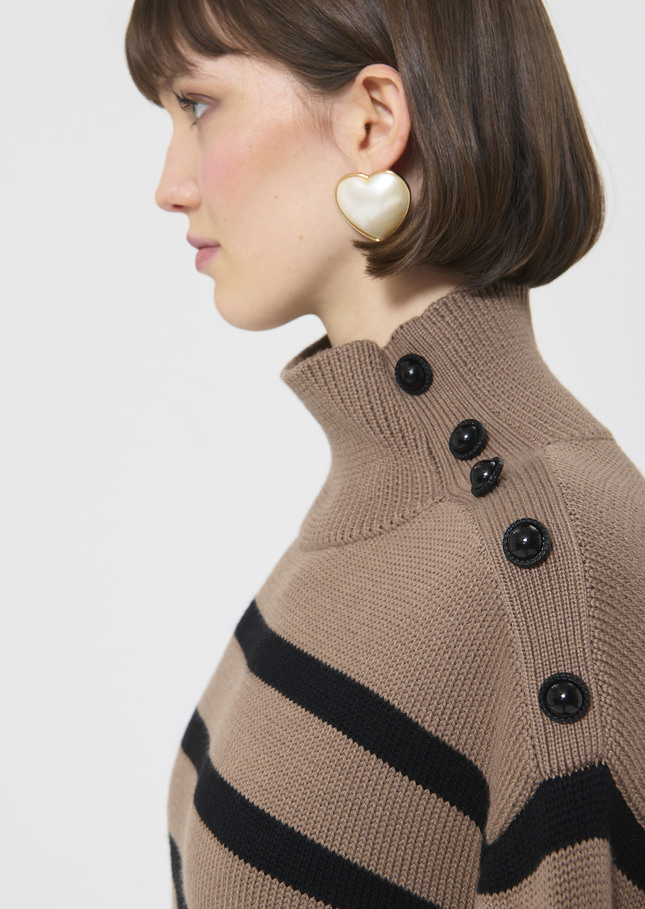 Roccio sweater dress beige with black stripes in wool Taupe color TARA JARMON CH