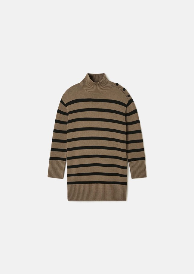 Roccio sweater dress beige with black stripes in wool Taupe color TARA JARMON CH