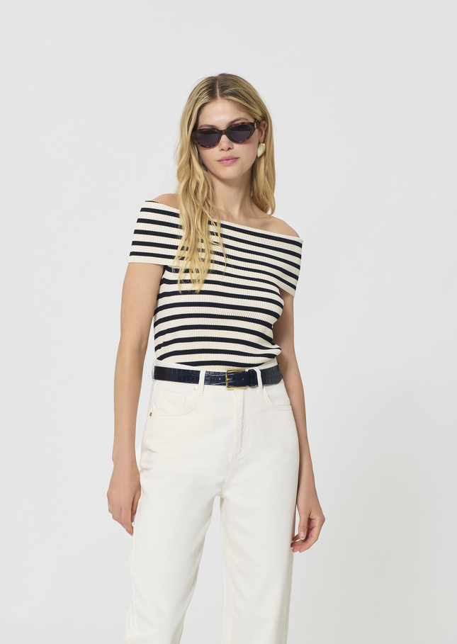 Twist T-shirt navy blue with ribbed knit stripes Night TARA JARMON CH