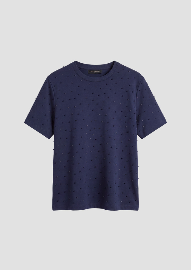 Tarapearl T-shirt midnight blue cotton embroidered with beads Night TARA JARMON CH