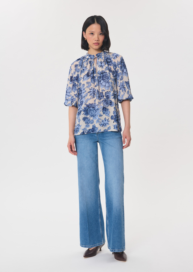 Top Tomaso flowing blue floral print with puff sleeves Off-white TARA JARMON CH
