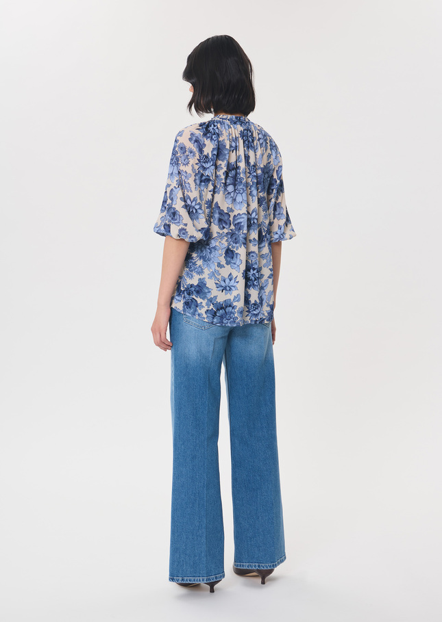 Top Tomaso flowing blue floral print with puff sleeves Off-white TARA JARMON CH